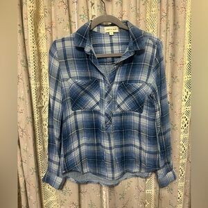 Anthro‎ Cloth & Stone Top Popover Gauzey Blue Plaid 100% Cotton Small